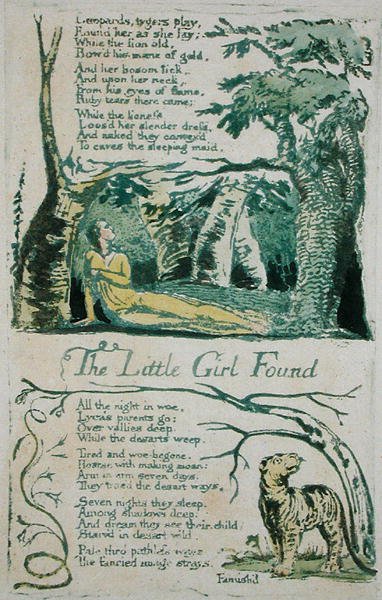 The Little Girl Lost and Leopards, tygers play..., and The Little Girl Found plate 20 from Songs of Innocence, 1789 by William Blake